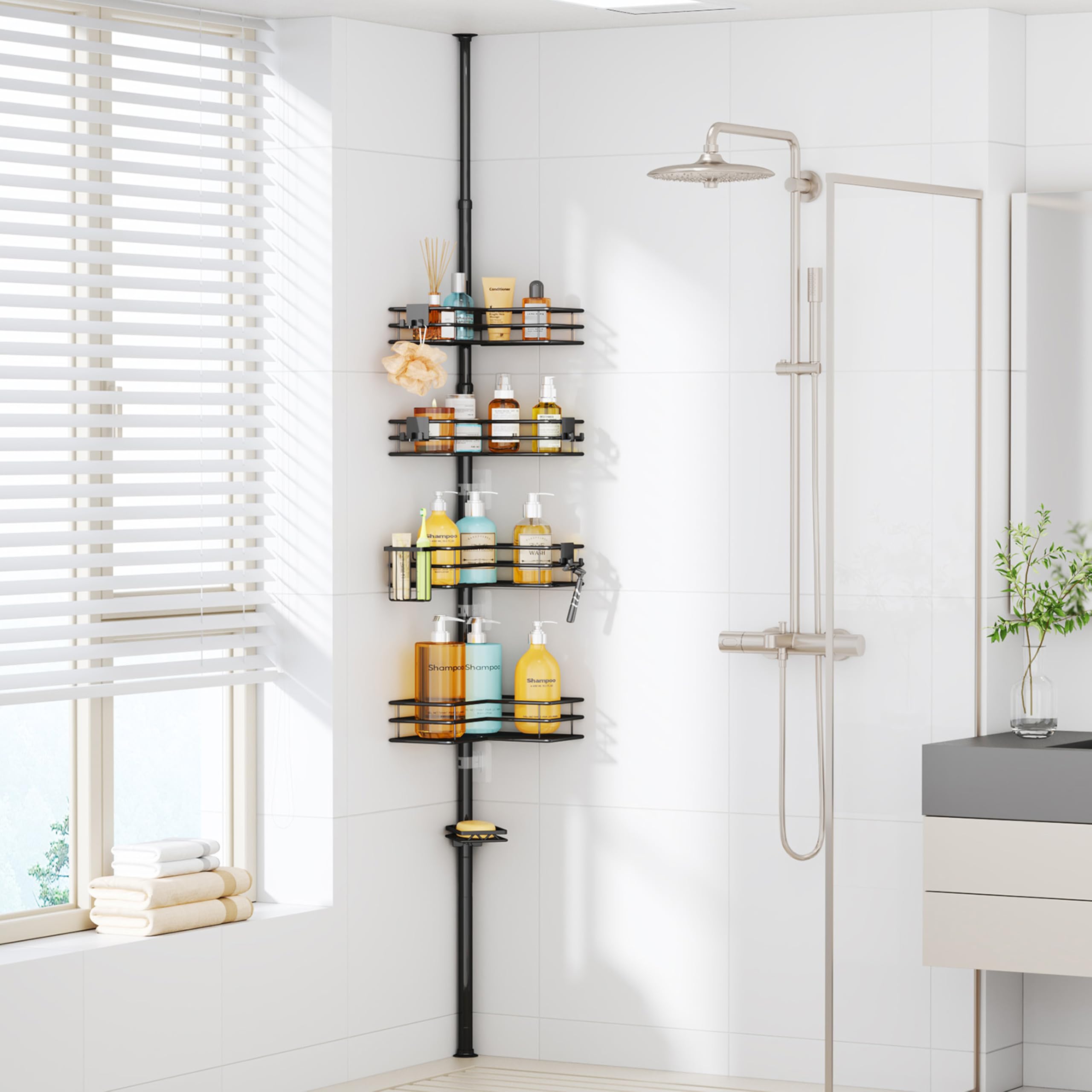 HapiRm next to shampoo bottles illustrating shelf capacity and scale for planning storage