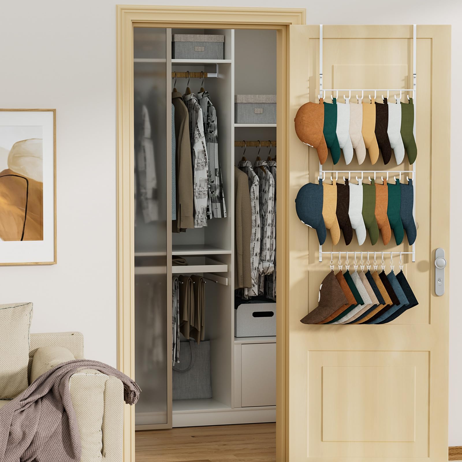 HapiRm wall mounted in bedroom displaying tidy hat organization benefit