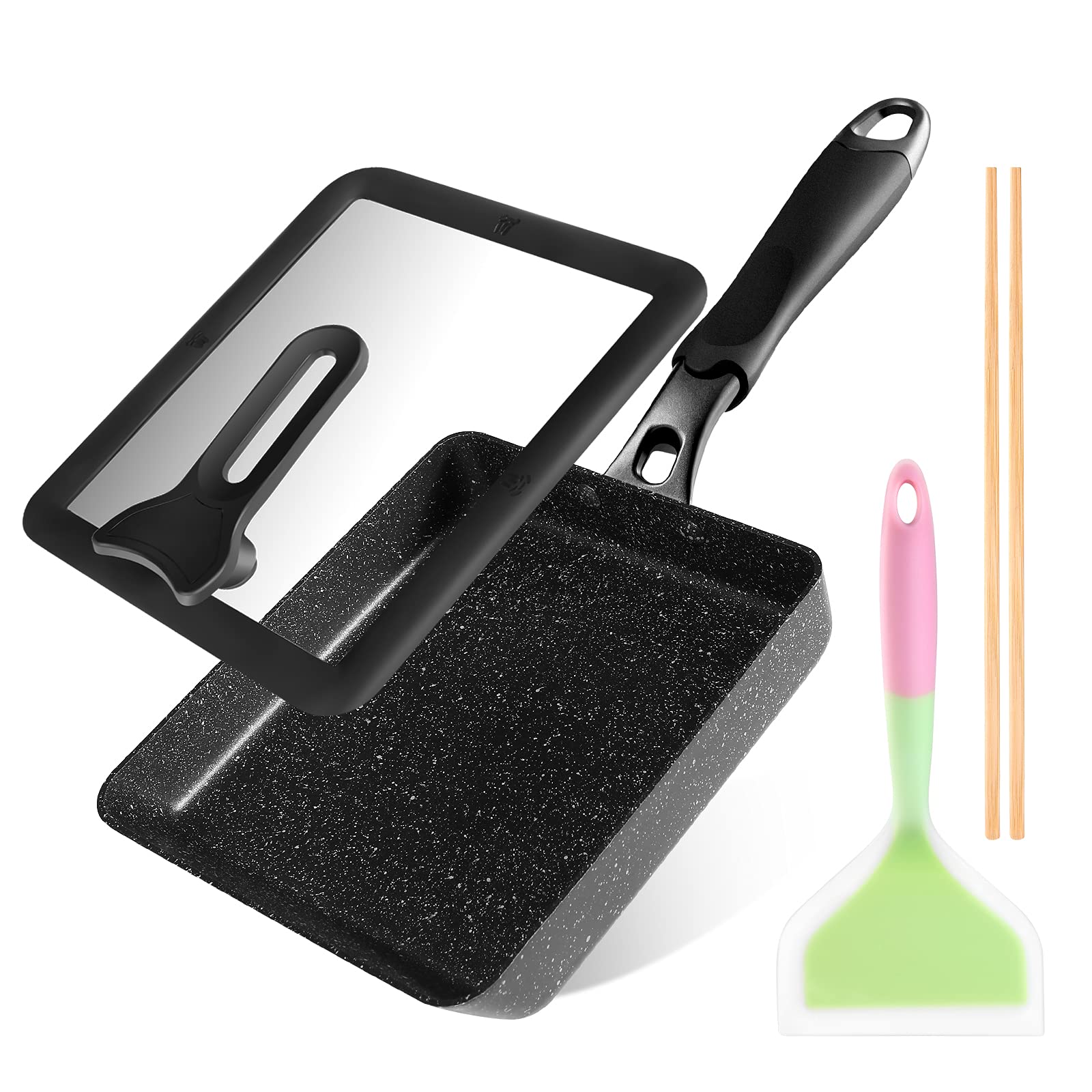 HAPPI STUDIO front view of square tamagoyaki pan showing compact shape and lid benefit