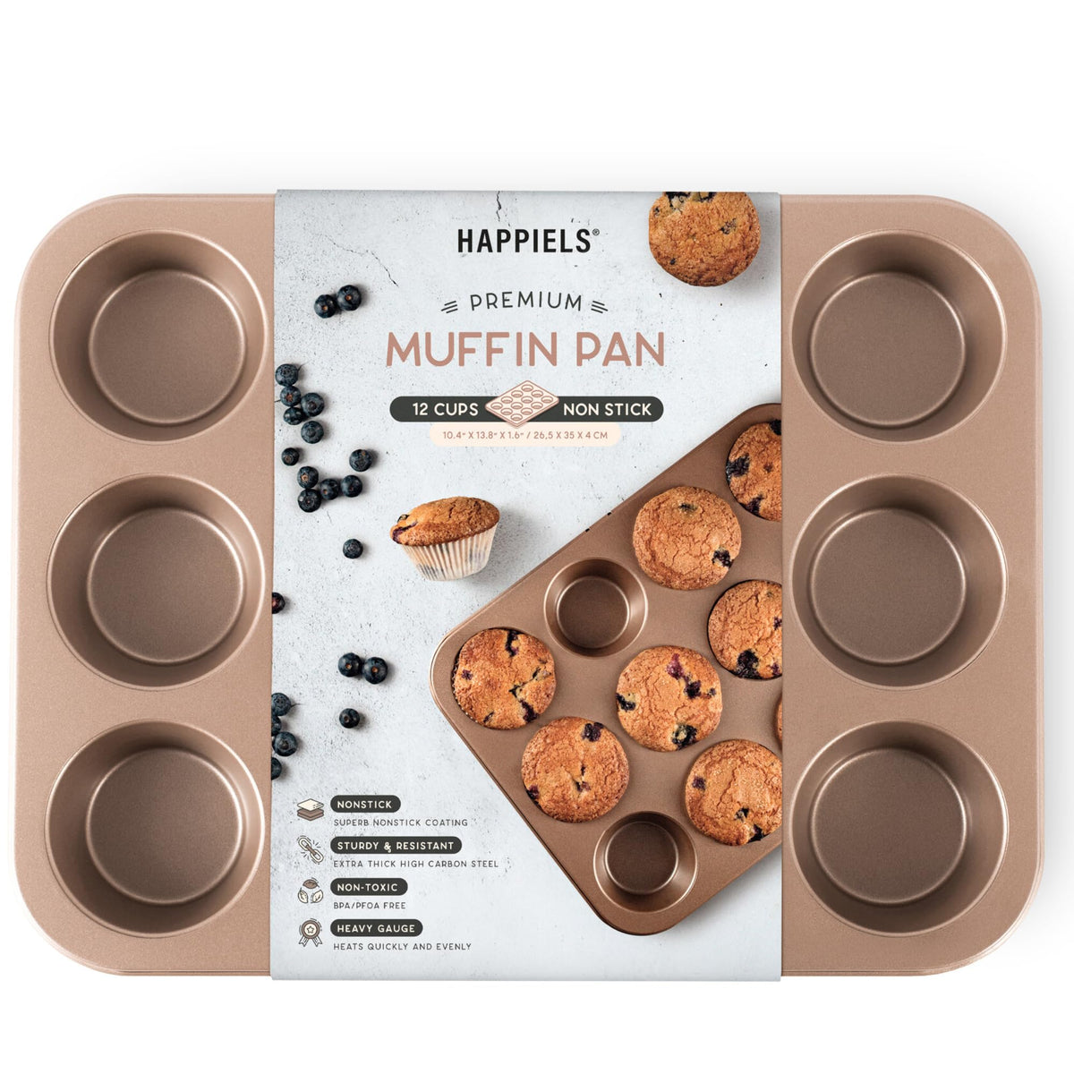 HAPPIELS front view of 12-cup muffin pan showing cups and edges for reliable baking