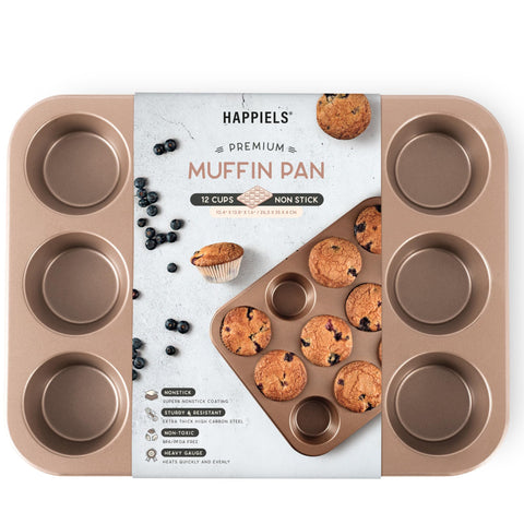 HAPPIELS front view of 12-cup muffin pan showing cups and edges for reliable baking