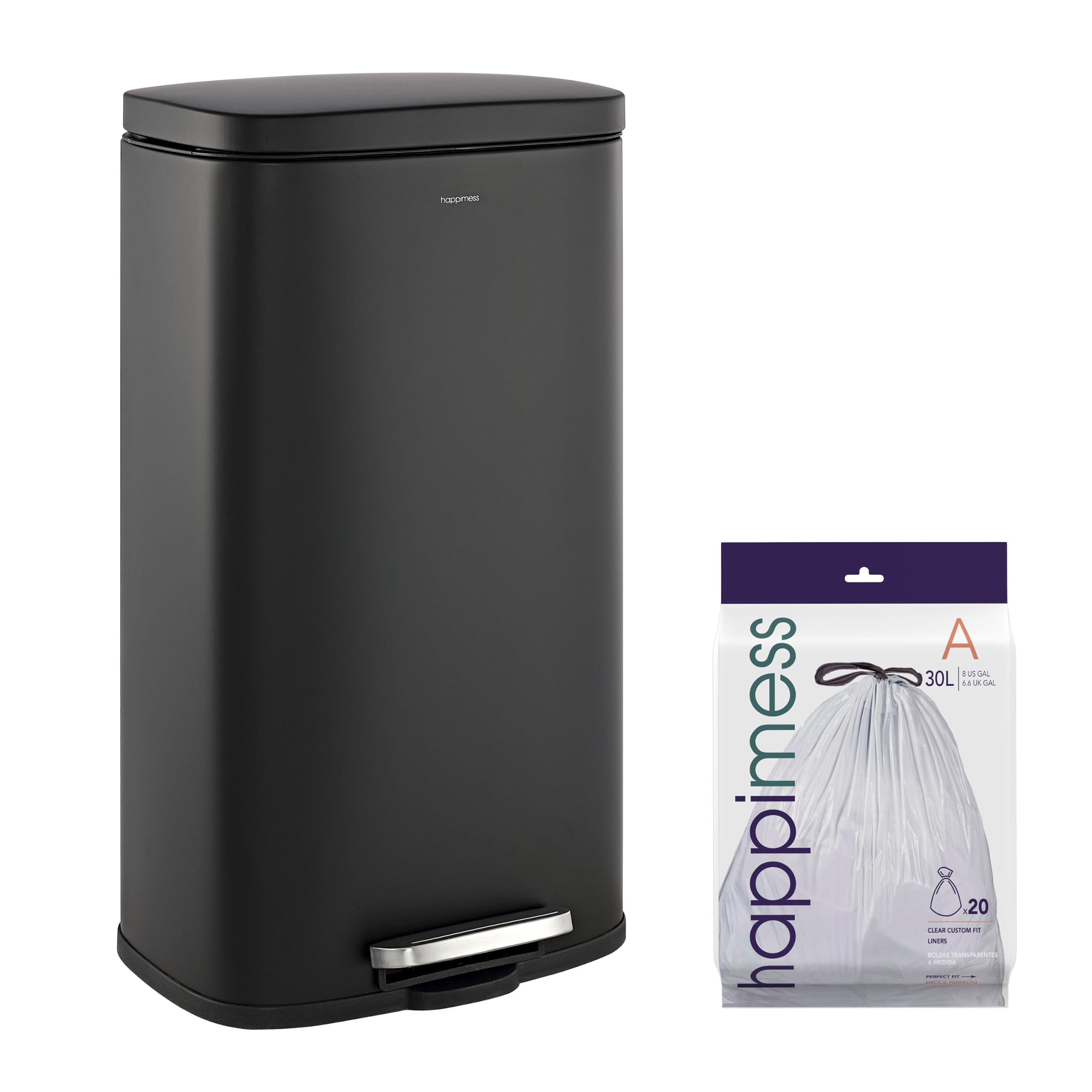 happimess front view of charcoal black trash can showing slim profile and benefit tidy look