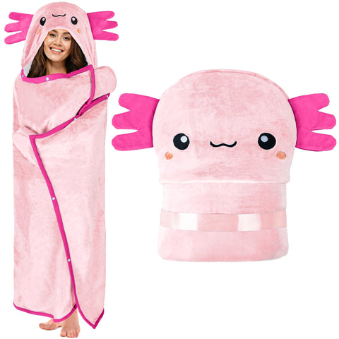 Happy Fuel axolotl hooded blanket front view showing shape and playful design for cozy lounging