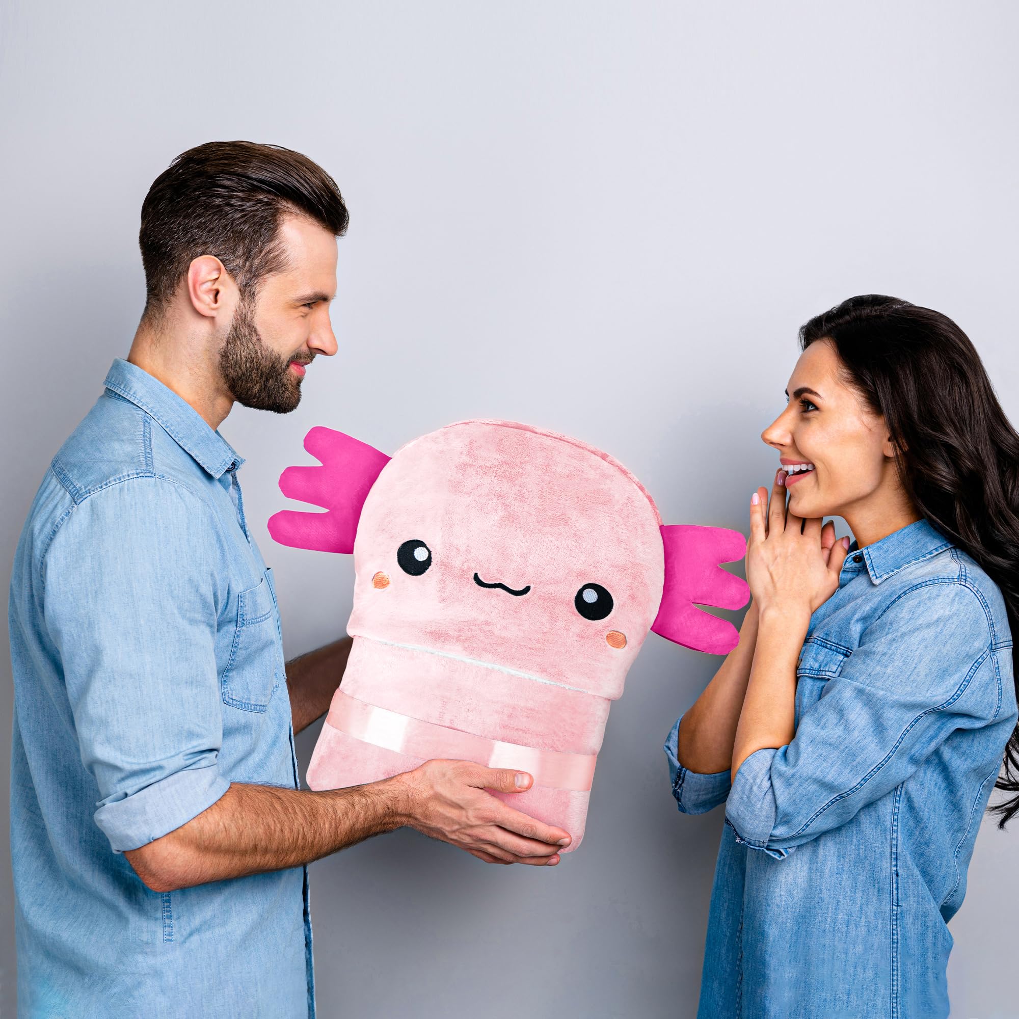Happy Fuel axolotl hooded blanket gift packaging ready to present as a thoughtful present