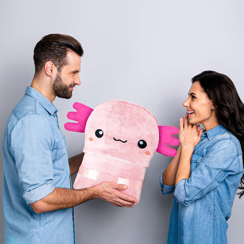 Happy Fuel axolotl hooded blanket gift packaging ready to present as a thoughtful present
