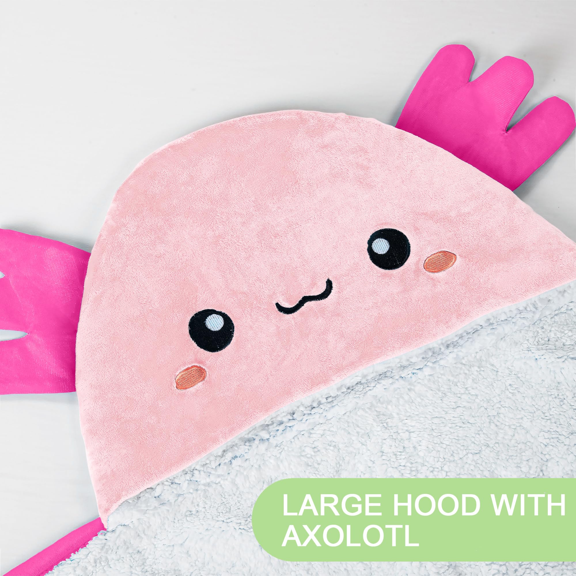 Happy Fuel axolotl hood close-up showing plush detail and added head warmth