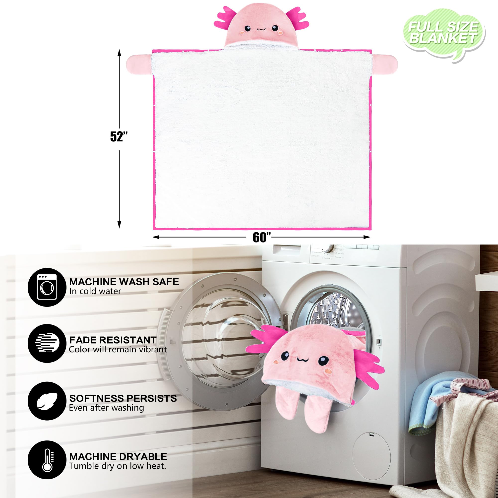 Happy Fuel axolotl blanket draped on sofa showing full 60x52 size and generous coverage