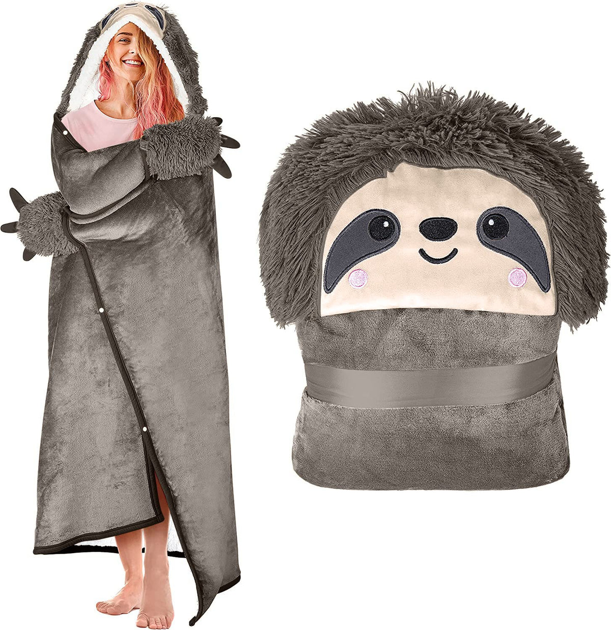 Happy Fuel sloth hooded blanket front view showing full coverage and cozy fit