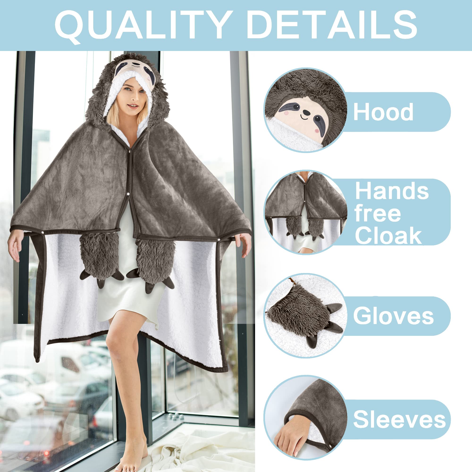 Happy Fuel model wearing sloth hooded blanket in living room for relaxed mobility