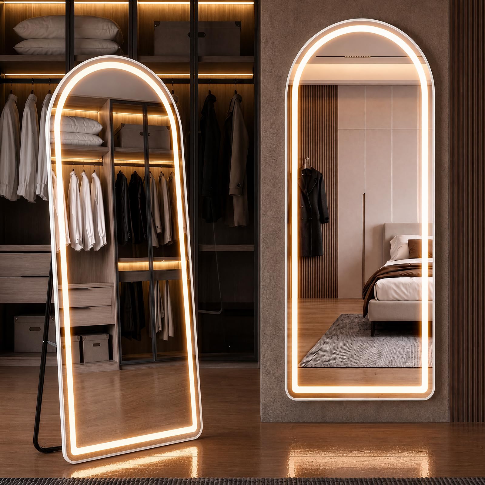HAPPYMONT front view showing arched LED mirror and full-length reflection benefit