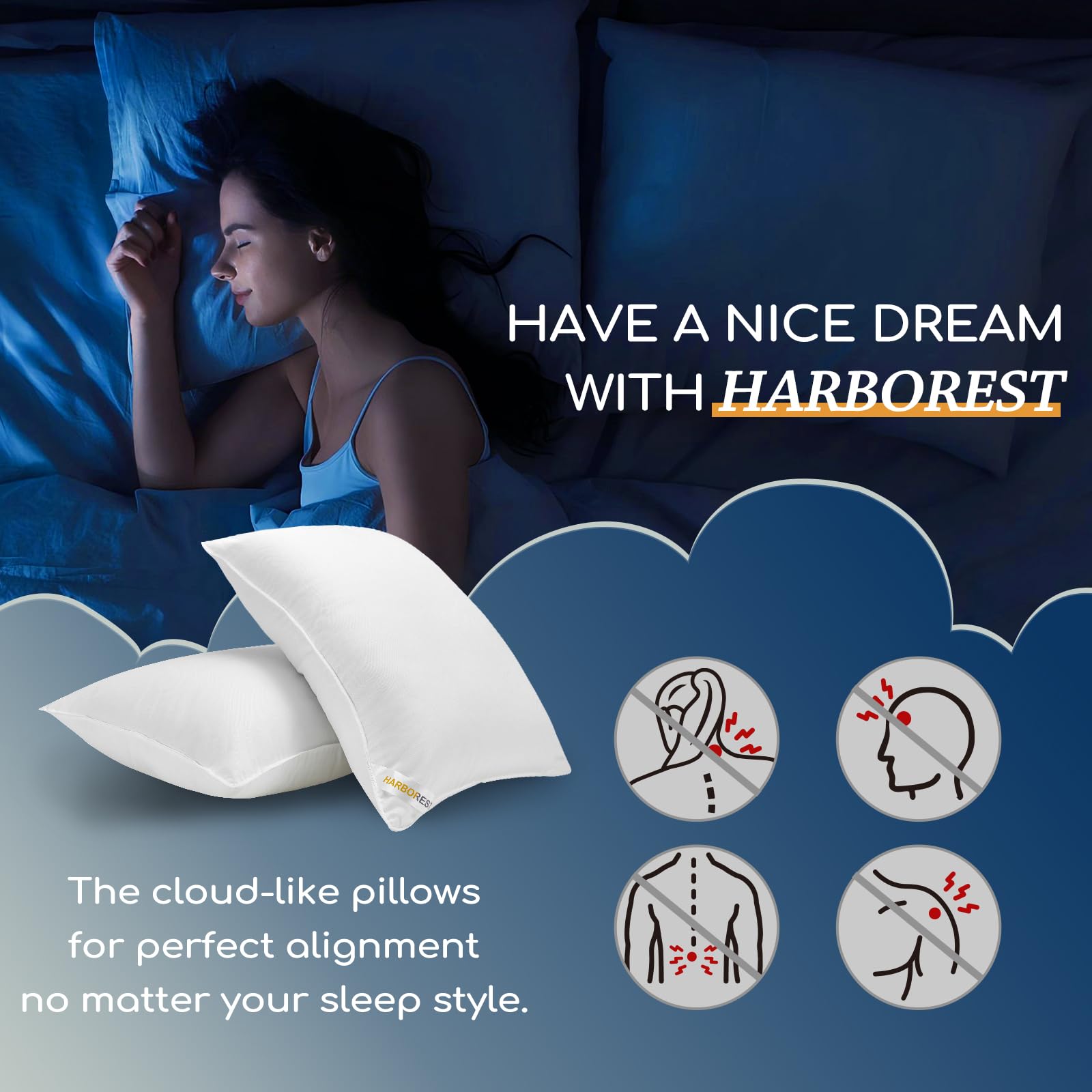 HARBOREST two pillows stacked to show thickness and consistent loft benefit