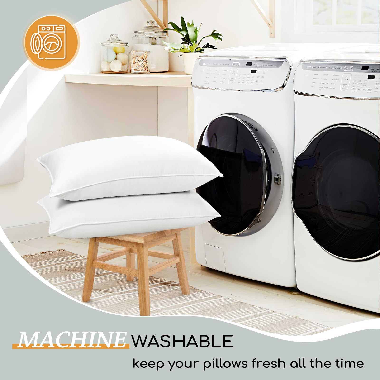 HARBOREST pillow care label in washer demonstrating machine-washable convenience benefit