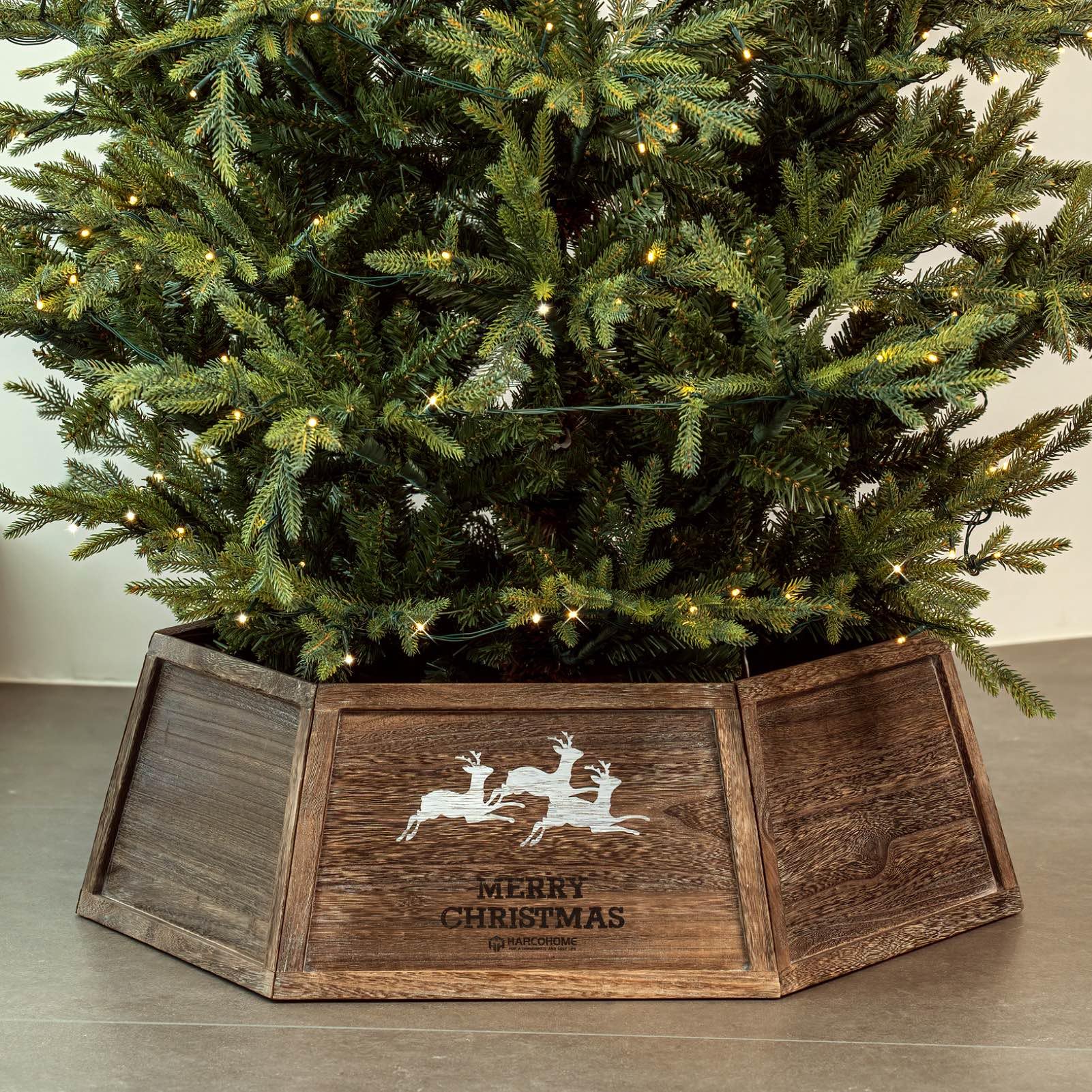 HarcoHome front view of hexagon wooden tree collar showing rustic finish and tidy base