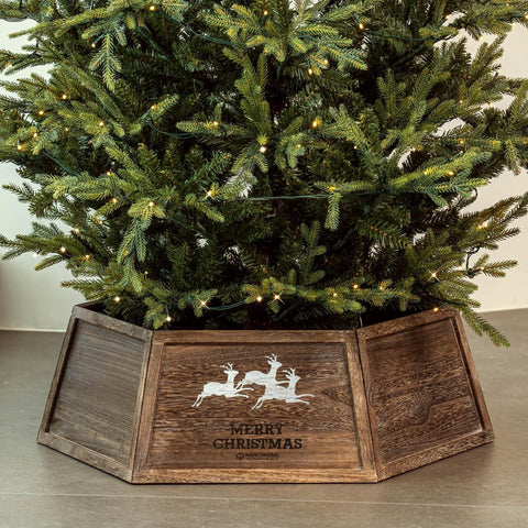 HarcoHome front view of hexagon wooden tree collar showing rustic finish and tidy base