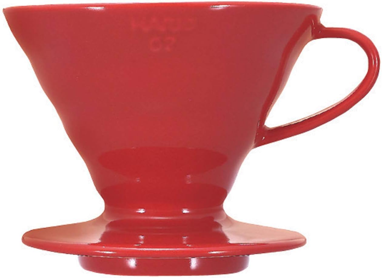 HARIO V60 front view in red showing clean dripper silhouette and consistent pours