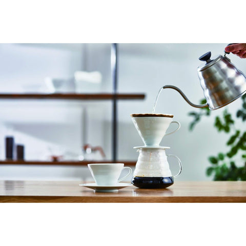 HARIO V60 in a modern kitchen setting showing durable ceramic aesthetics and use