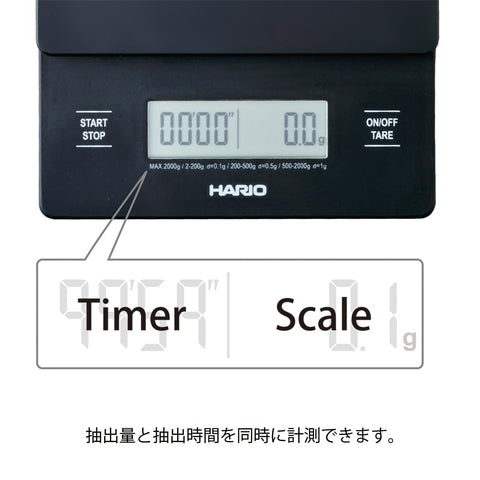 HARIO close-up of digital display and buttons highlighting accurate 0.1g measurement
