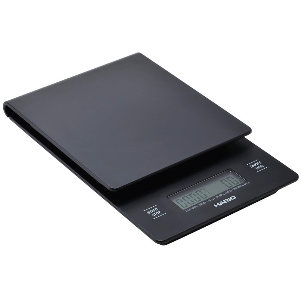 HARIO V60 drip scale front view showing slim black surface and timer for precise pours