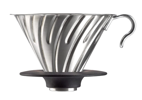 HARIO V60 metal dripper front view showing cone shape and precise pour control