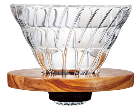 HARIO V60 front view glass dripper with olive wood collar for comfortable pouring
