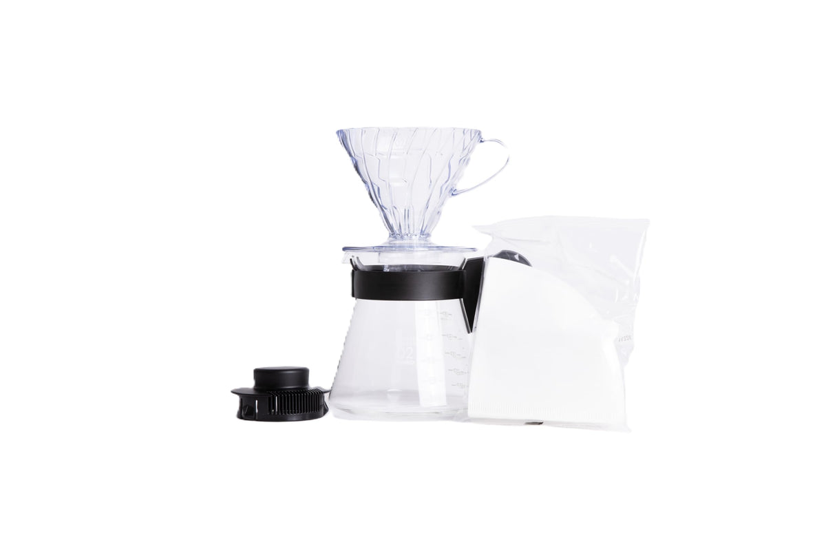 HARIO starter kit front packaging showing dripper, server and filters for easy brewing