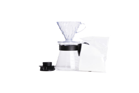 HARIO starter kit front packaging showing dripper, server and filters for easy brewing