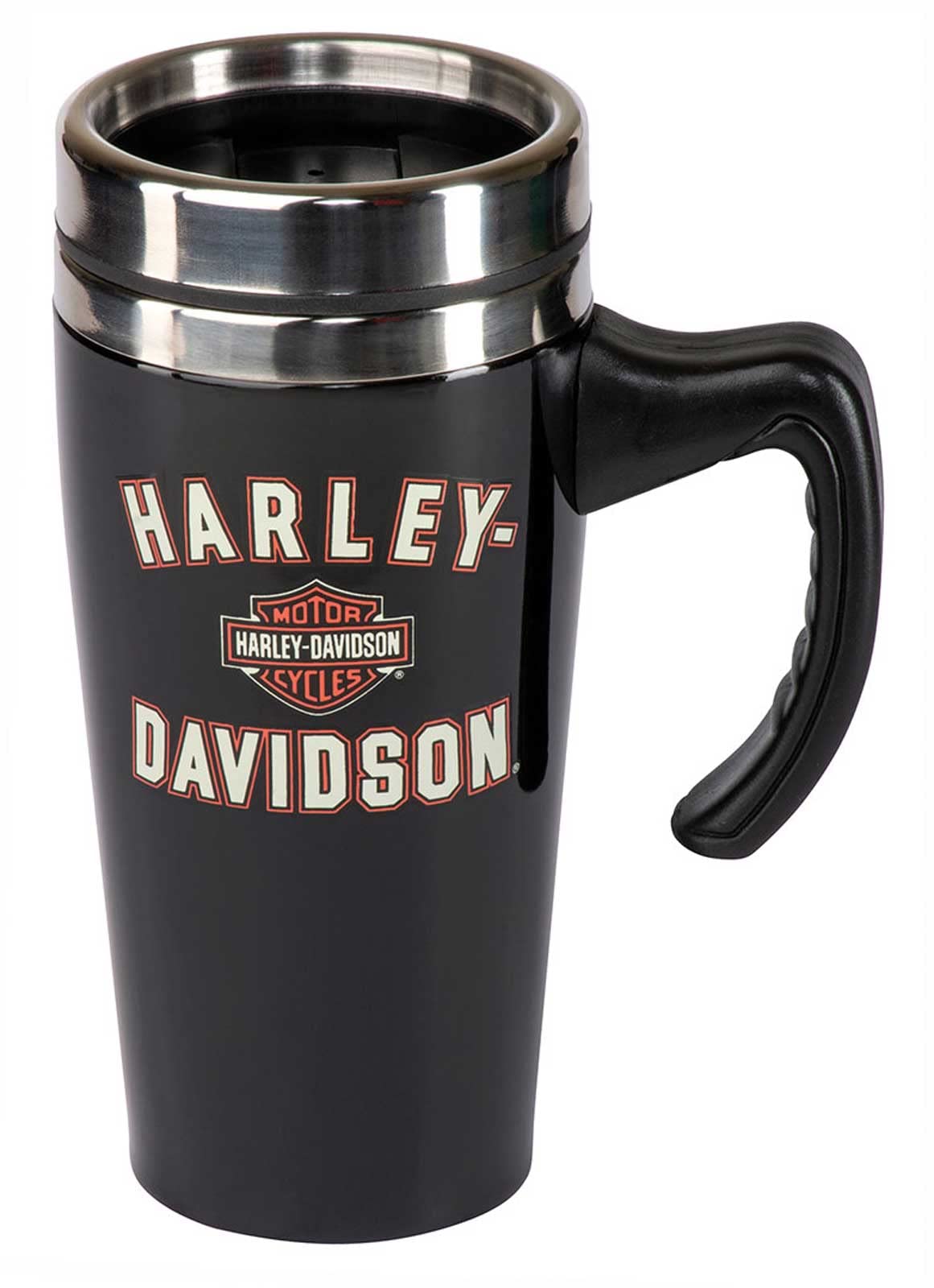 Harley‑Davidson travel mug front view showing logo and durable insulation benefit