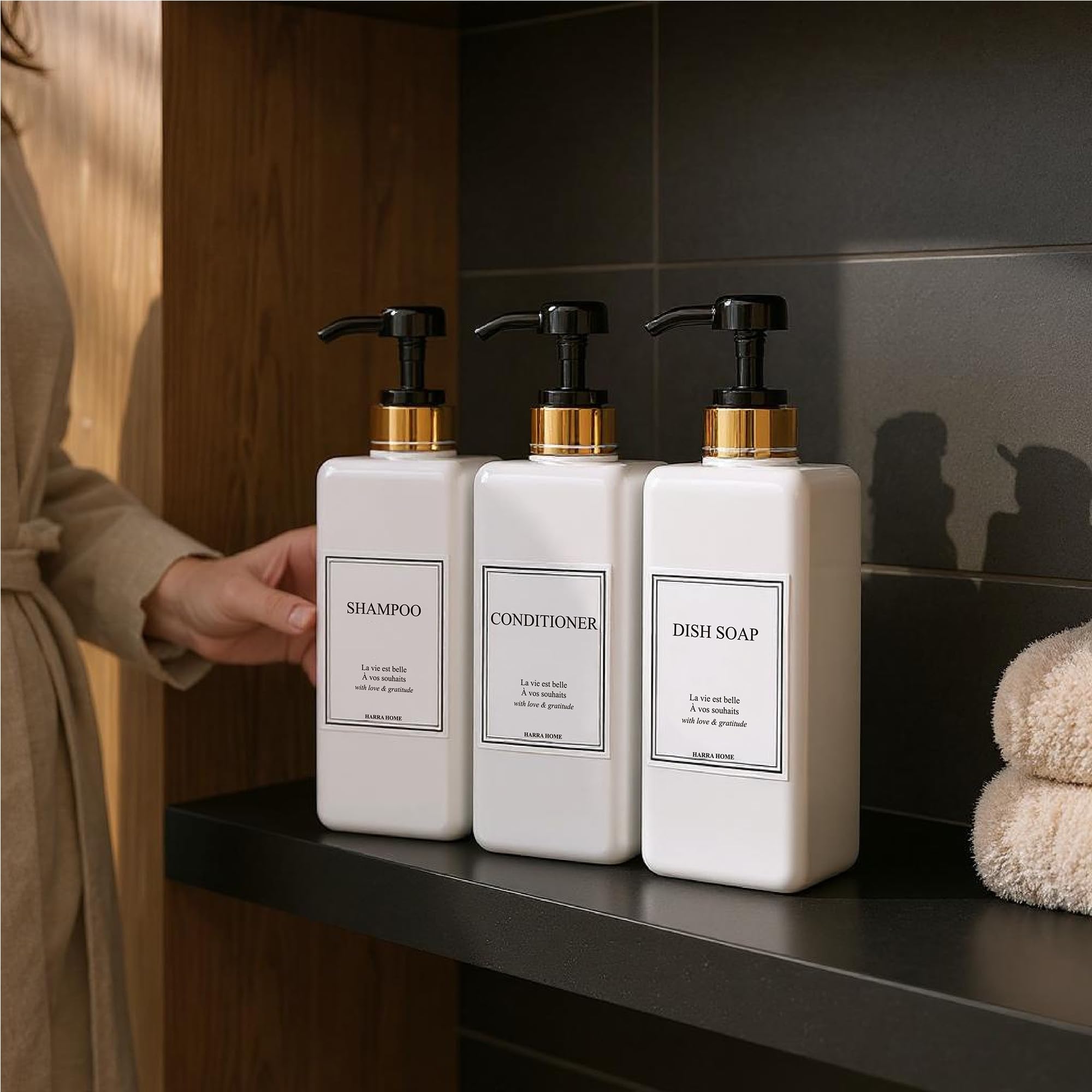 HARRA HOME in-shower setup demonstrating tidy, organized storage