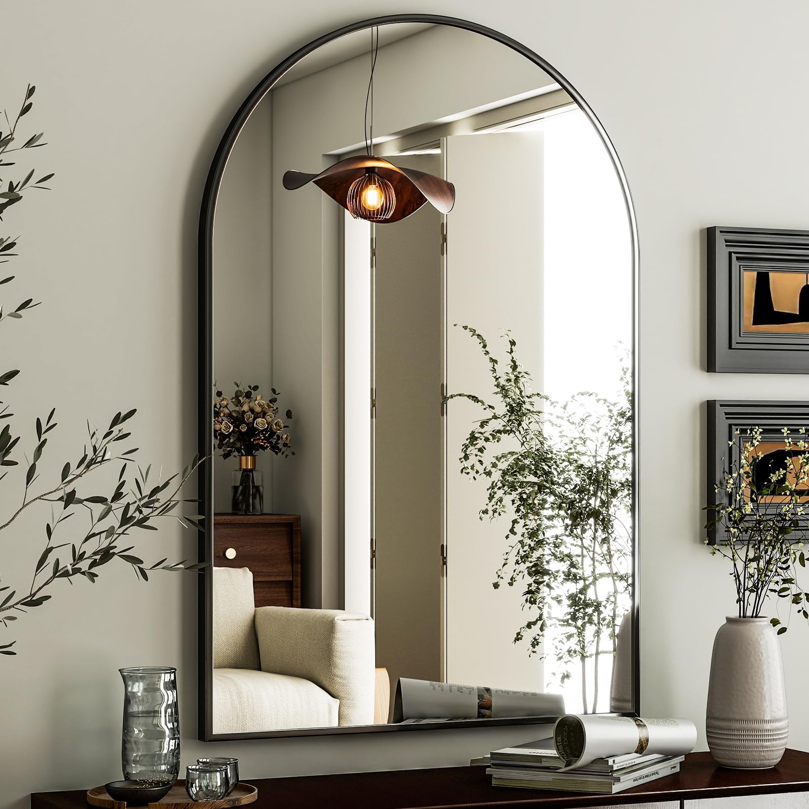 HARRITPURE arched mirror front view shows modern silhouette and sleek black frame