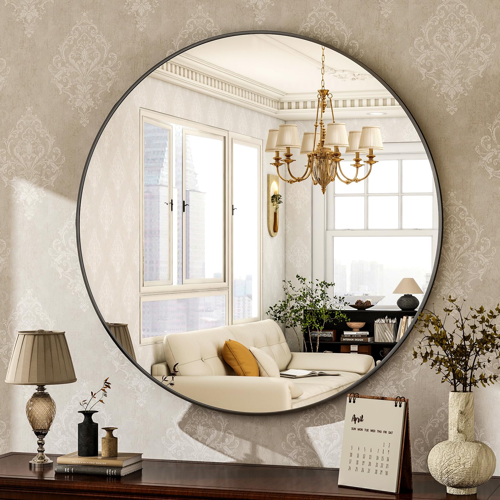 HARRITPURE front view of 24-inch round mirror adding modern contrast