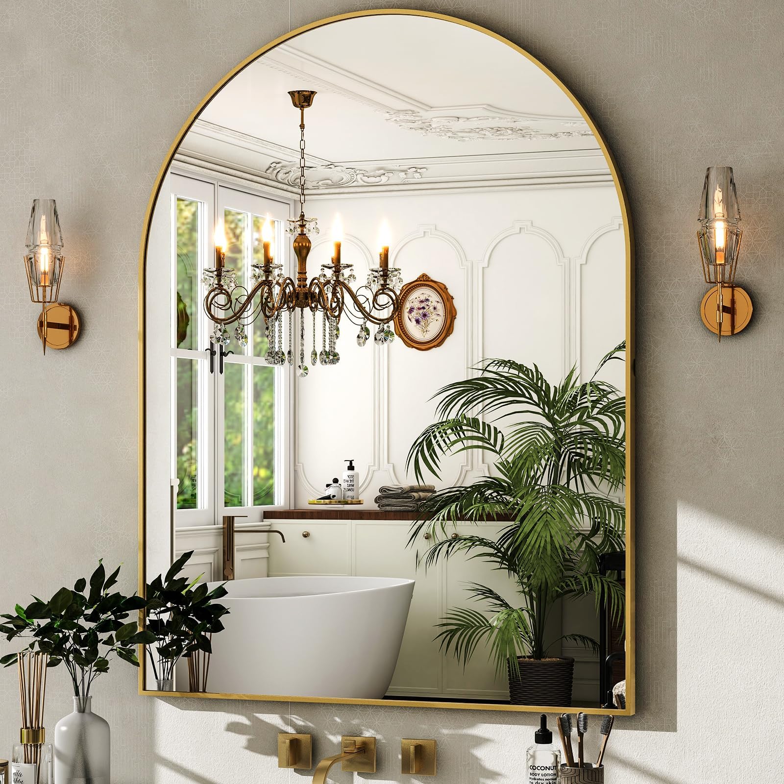 HARRITPURE gold arched mirror front view brightens room