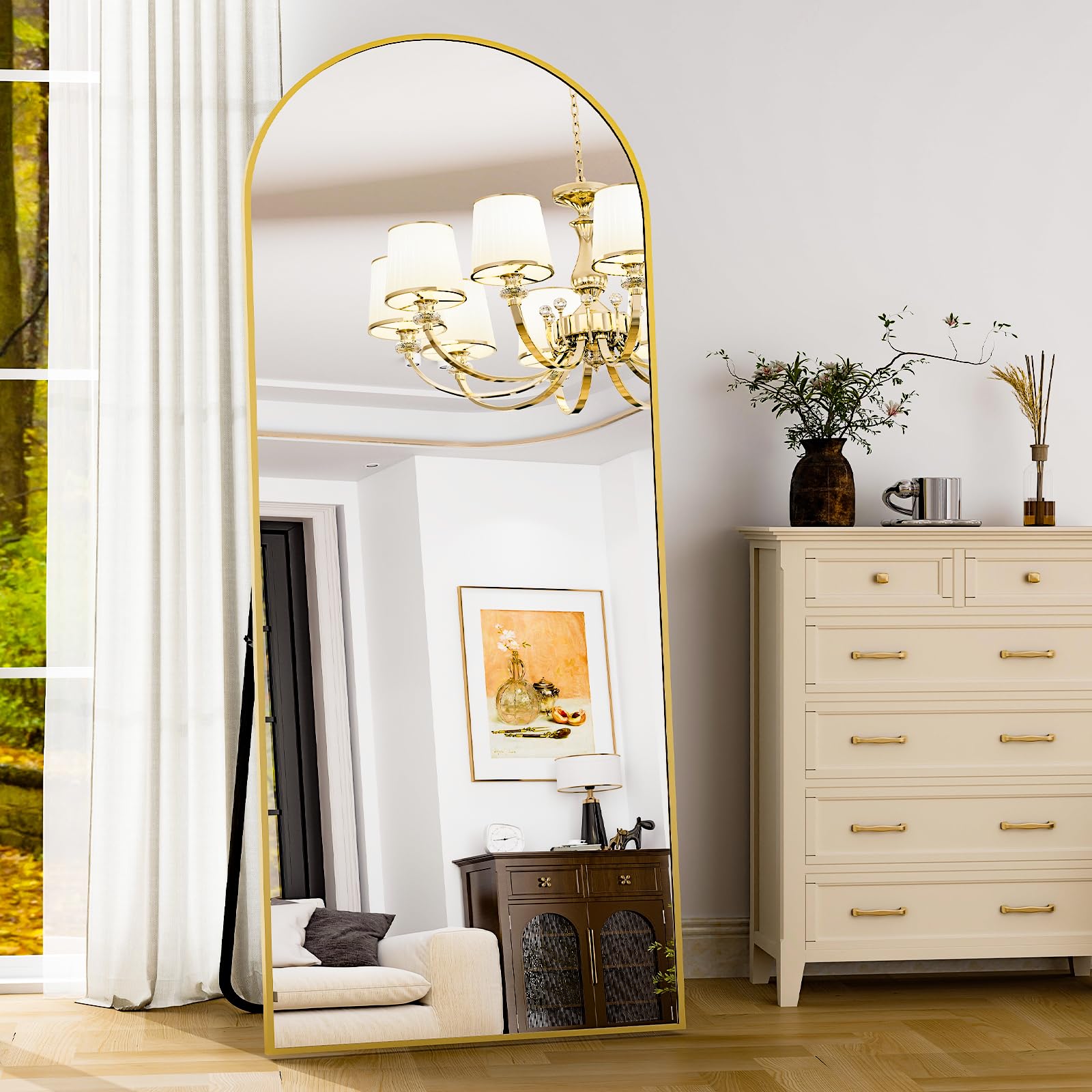 HARRITPURE mirror next to person for scale demonstrating full body viewing advantage