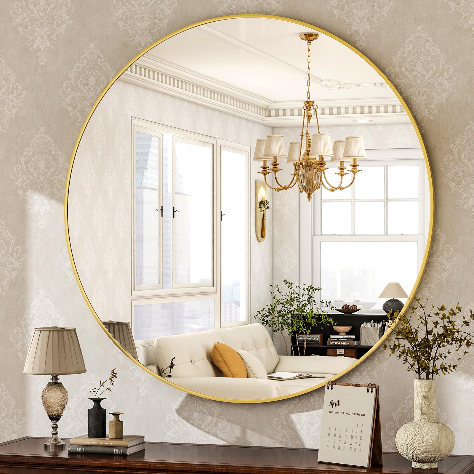 HARRITPURE round mirror front view showing slim gold frame and clean reflection