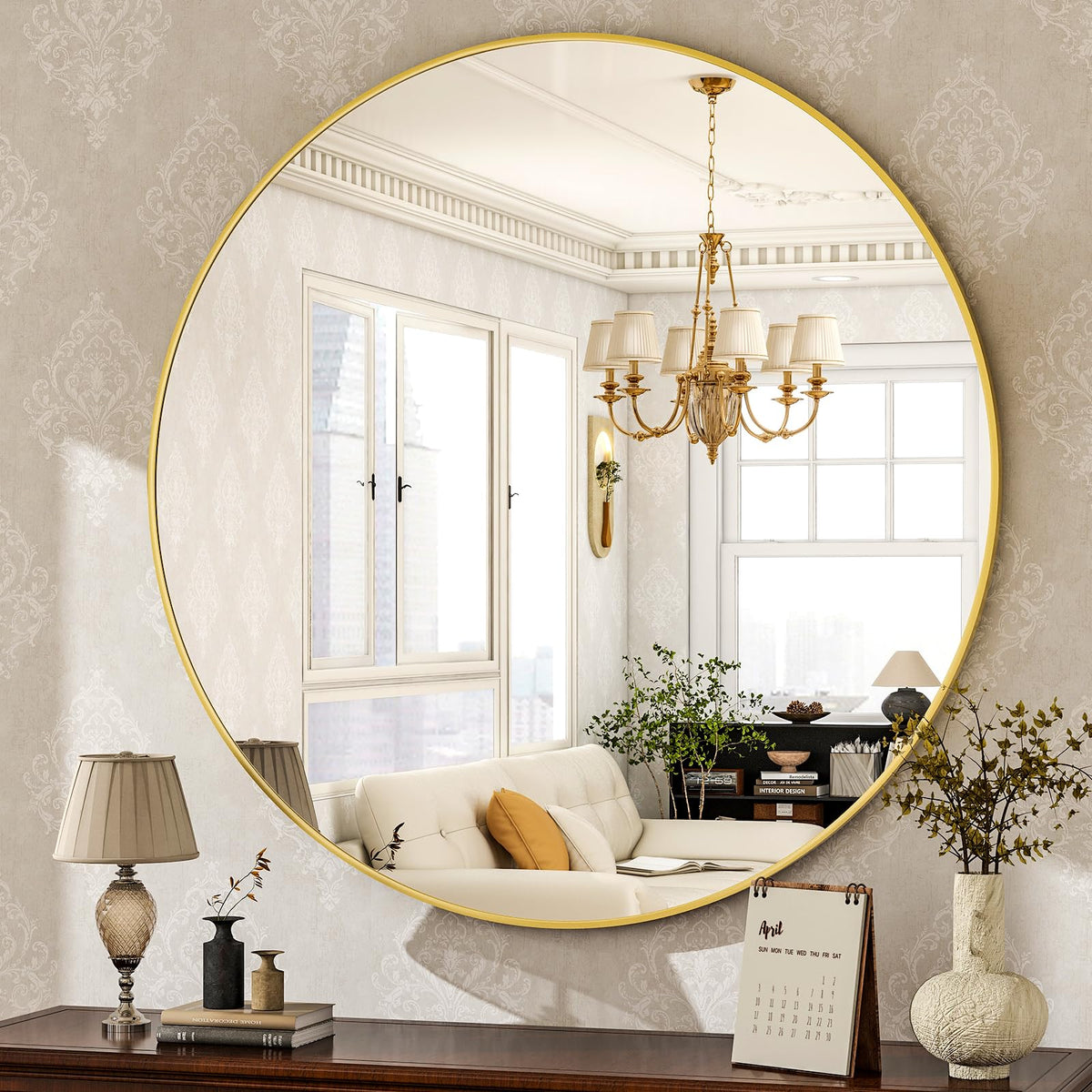 HARRITPURE round mirror front view showing slim gold frame and clean reflection