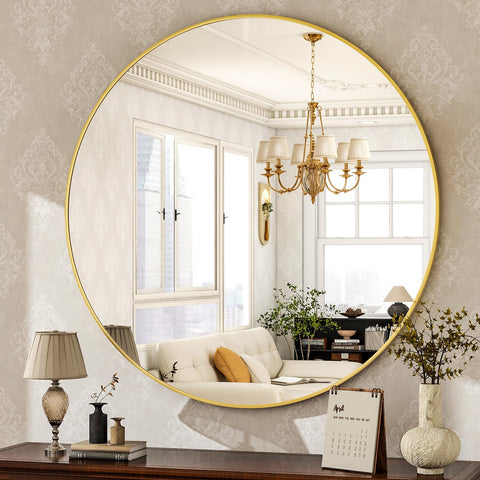 HARRITPURE round mirror front view showing slim gold frame and clean reflection