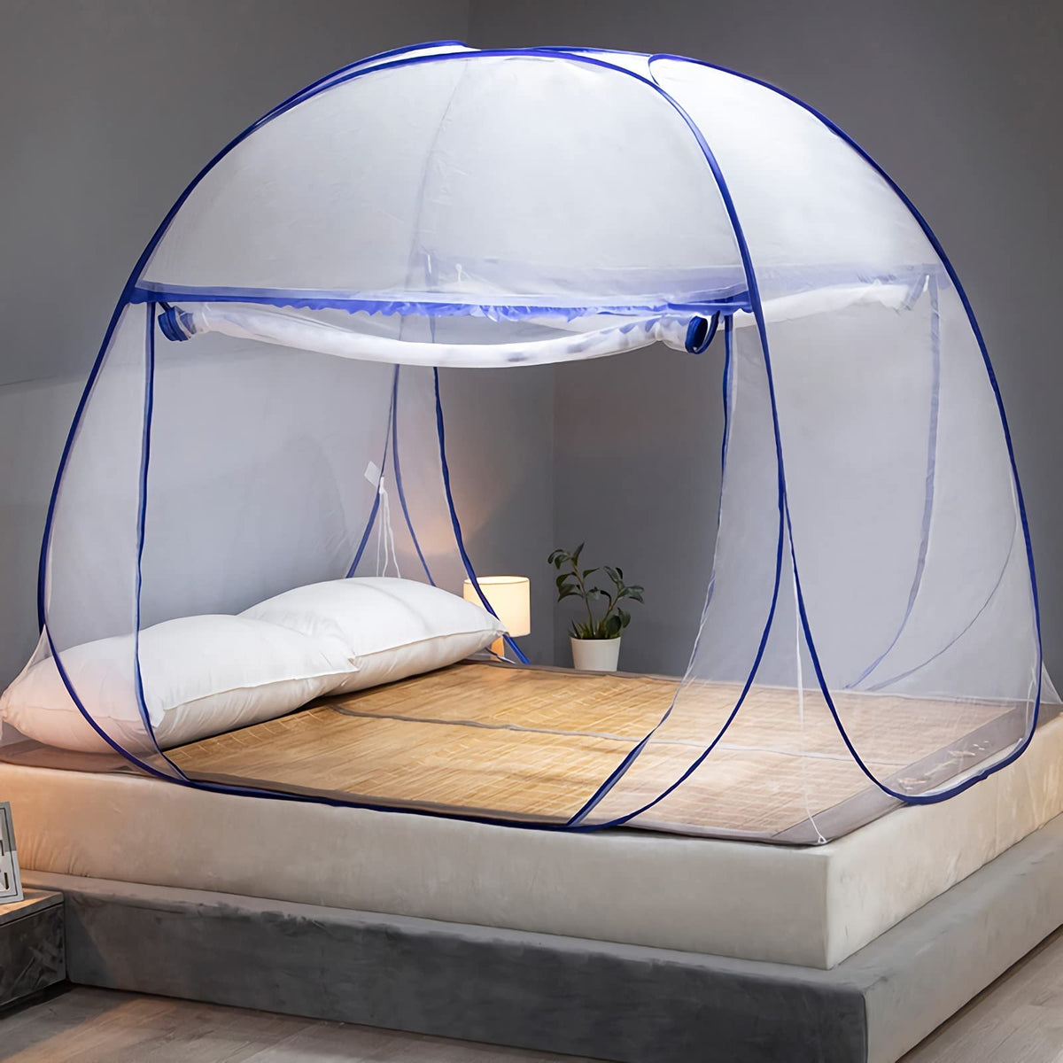 HARWAVE front view of open yurt-style mosquito net showing full bed coverage and comfort