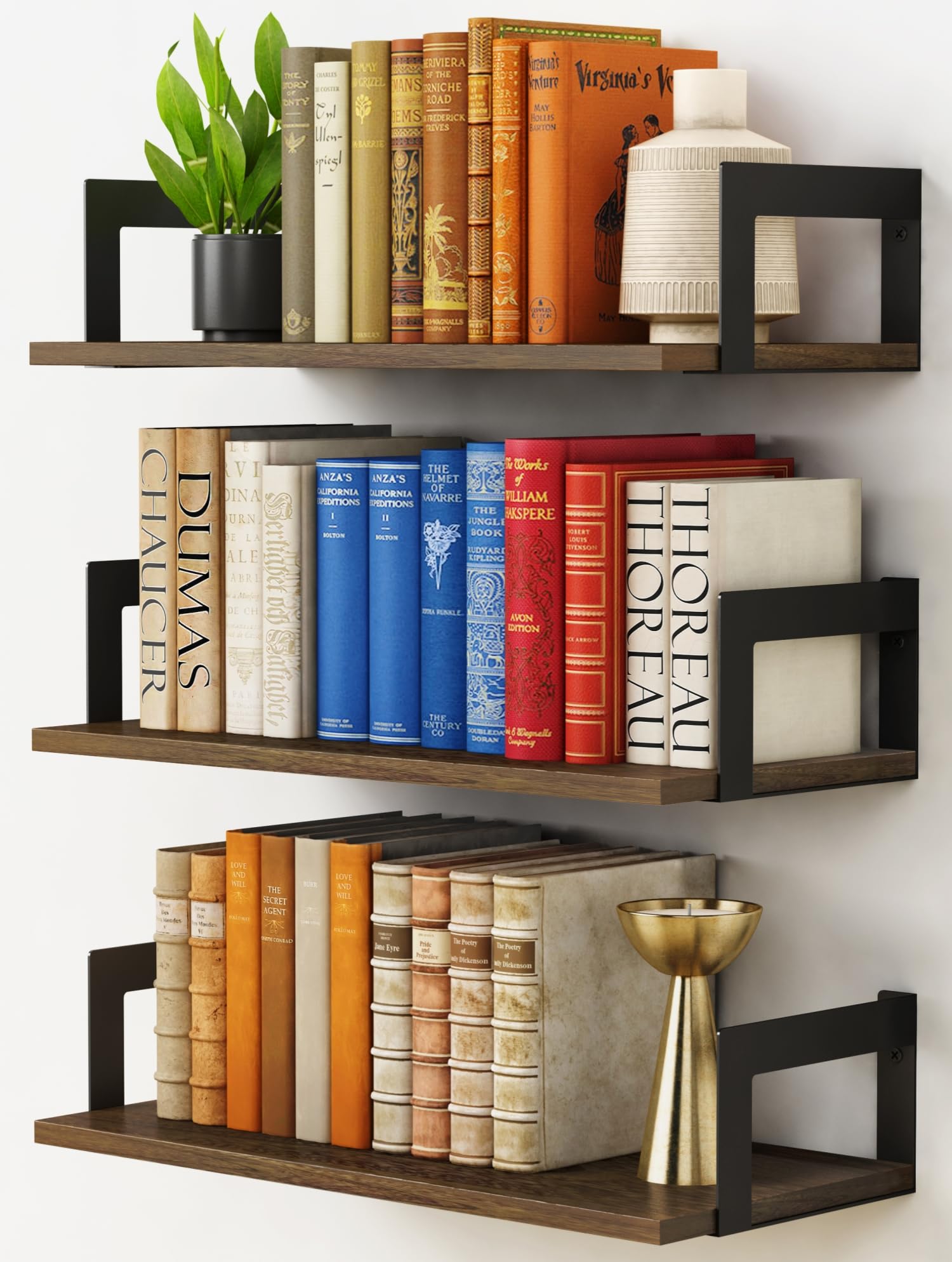 Harwaya front view of three dark brown floating shelves showcasing neat storage benefit