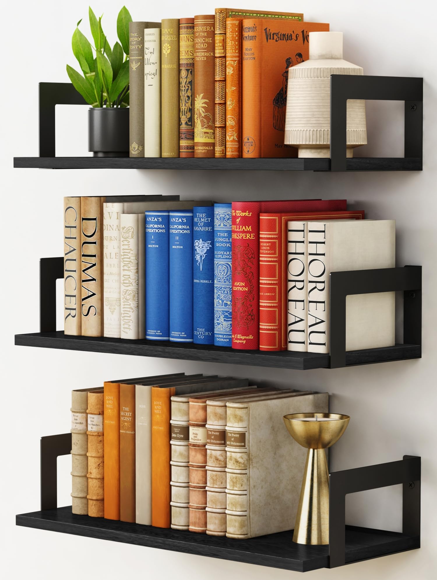 Harwaya front view of three black floating shelves showing clean lines and storage benefit