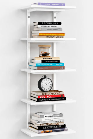 Harwaya front view of white 5-tier wall shelf showing slim vertical storage benefit