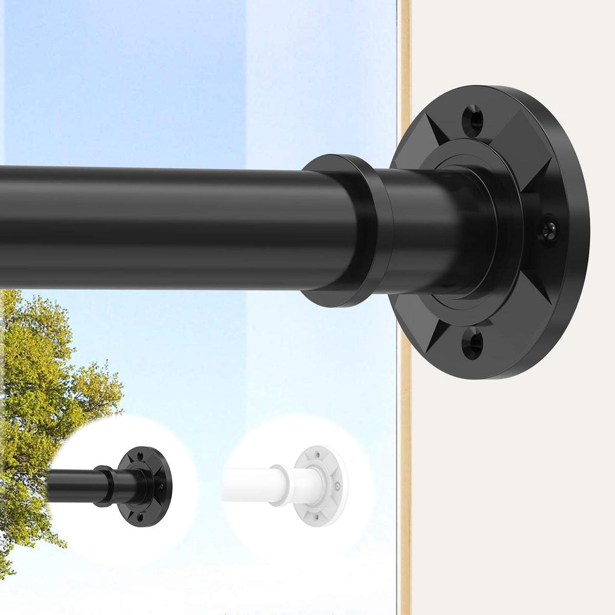 Haryaers front view of black tension rod showing clean finish and adjustable length benefit
