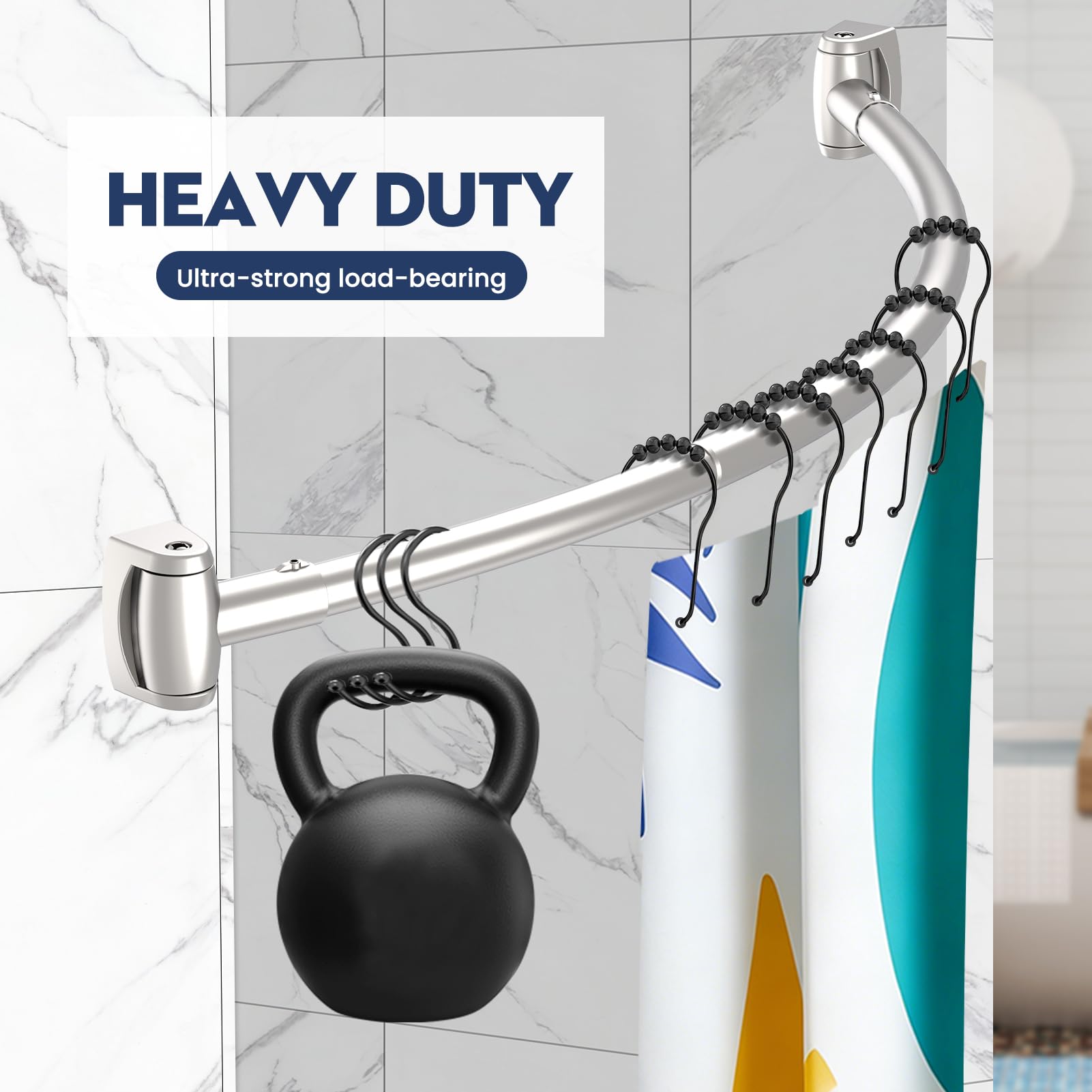 Haryaers rod in use with curtain demonstrating increased shower room