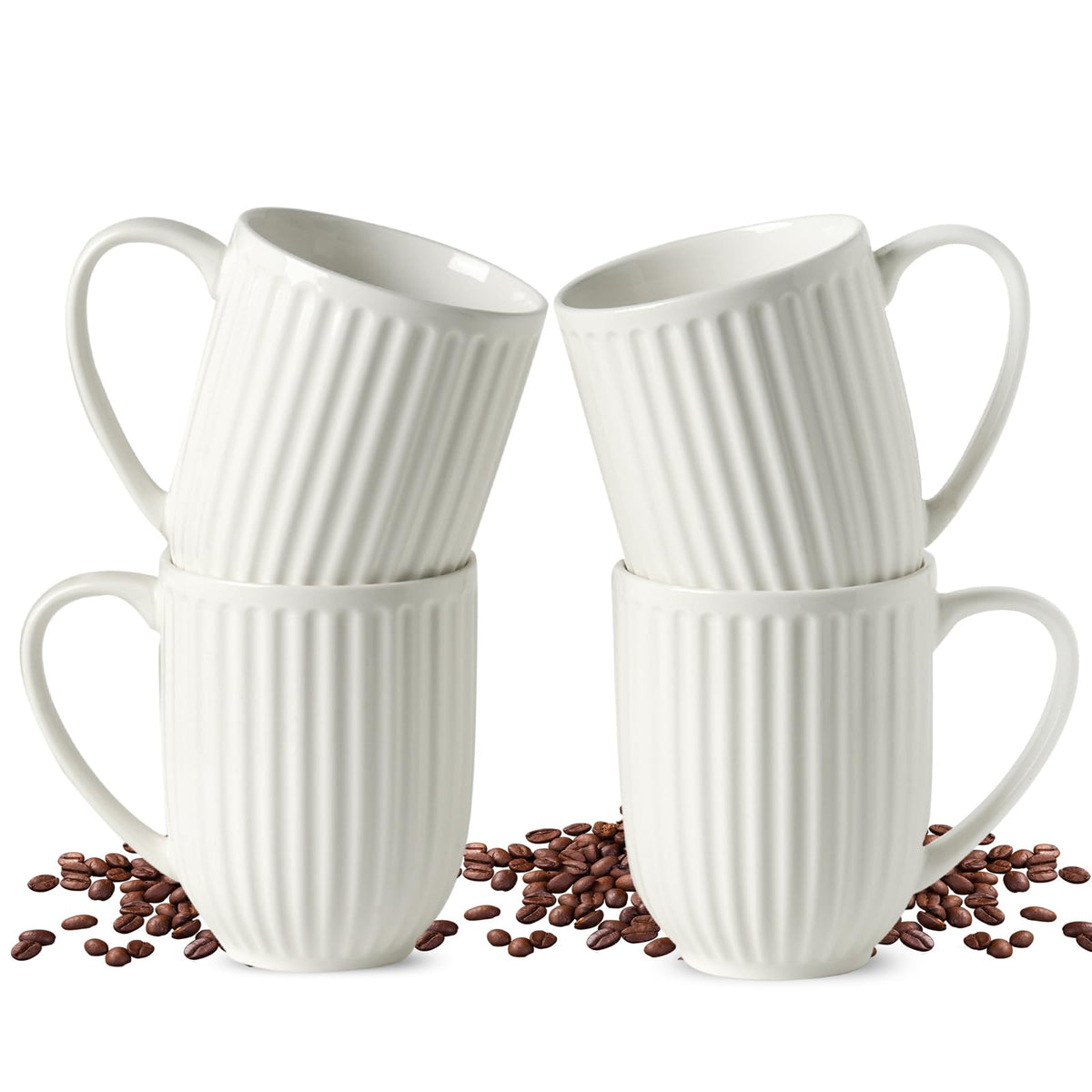 HASENSE front view of four creamy ribbed mugs, elegant gift-ready look