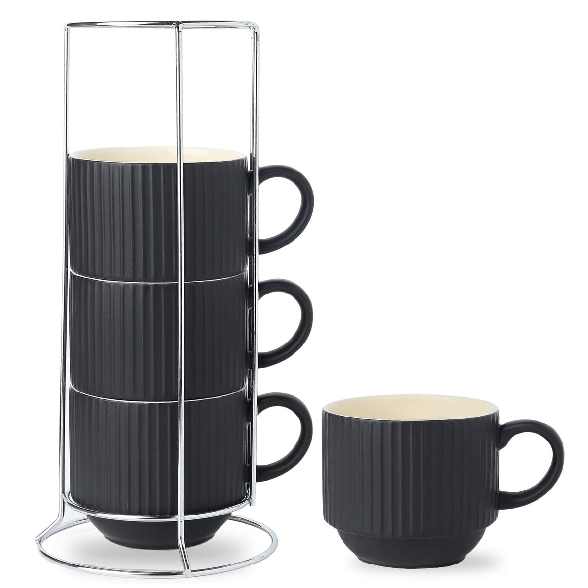 HASENSE front view of four black mugs on stand shows neat countertop storage