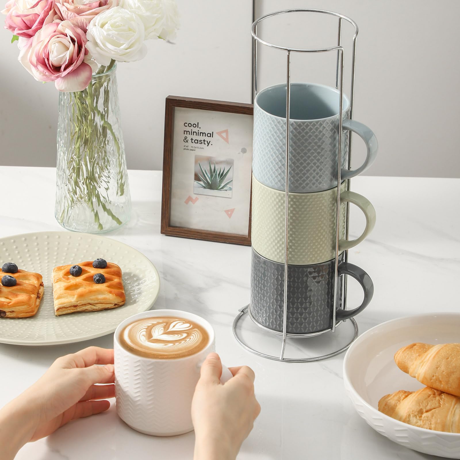 HASENSE mug next to spoon and saucer showing scale and serving convenience