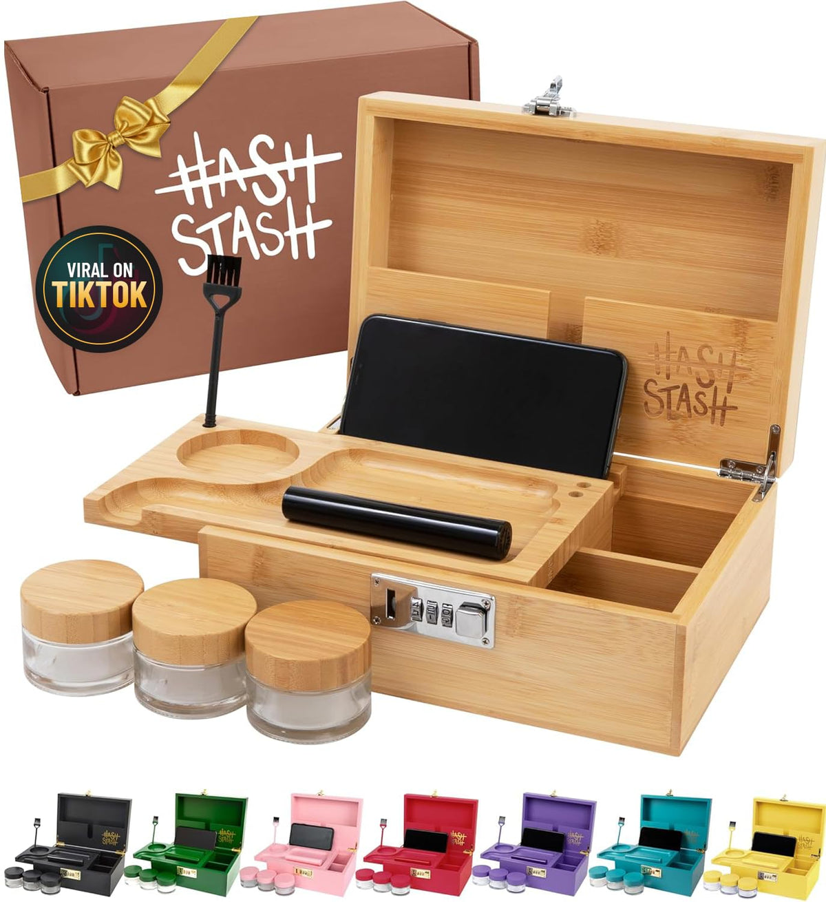 HASHSTASH OG closed front view showing sleek bamboo finish and discreet benefit