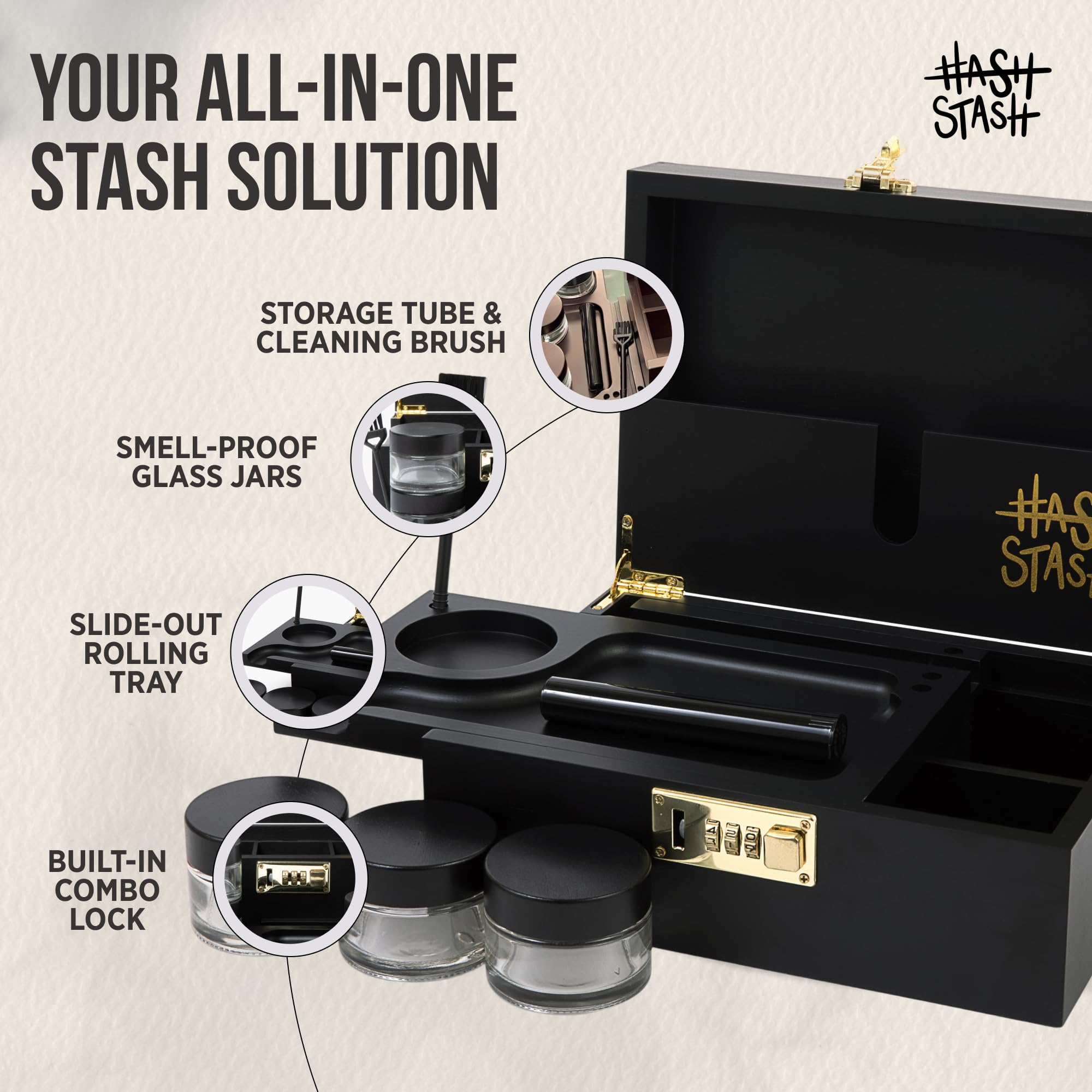 HASHSTASH box open with tray and three jars for organized storage benefits