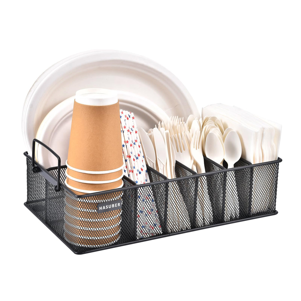 Hasuber front view of metal caddy showing compartments and easy access