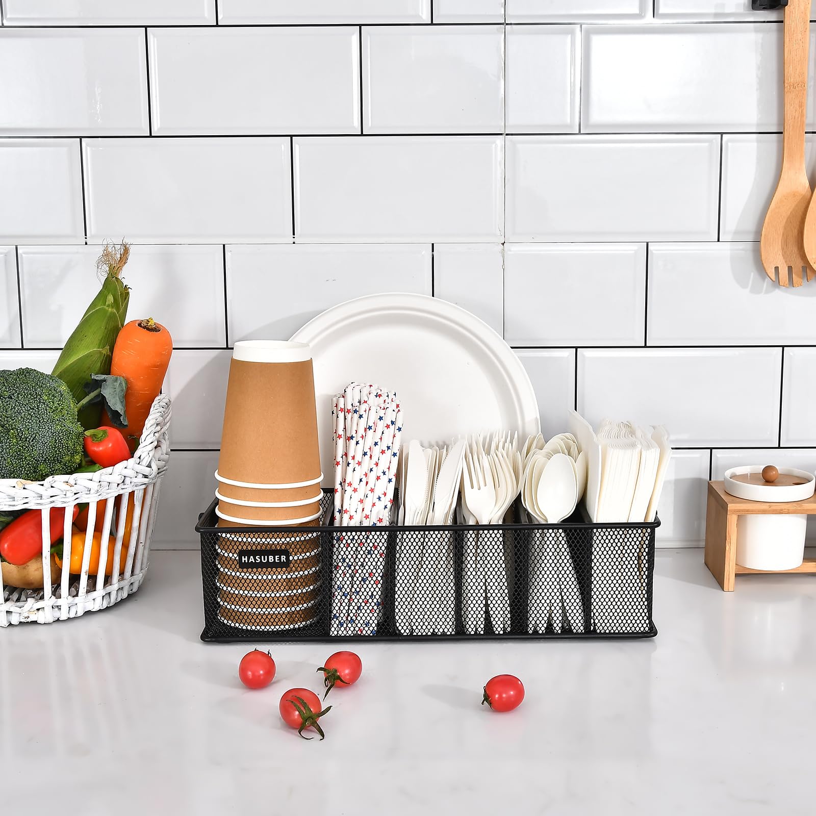 Hasuber organizing utensils and napkins for faster setup and cleanup