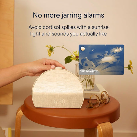 Hatch Restore 3 on nightstand in styled bedroom suggesting screen-free wind-down routines