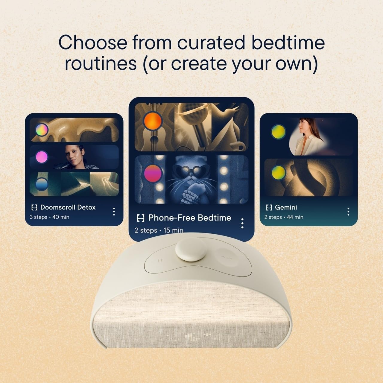 Hatch Restore 3 beside lamp and book for scale showing compact bedside footprint advantage